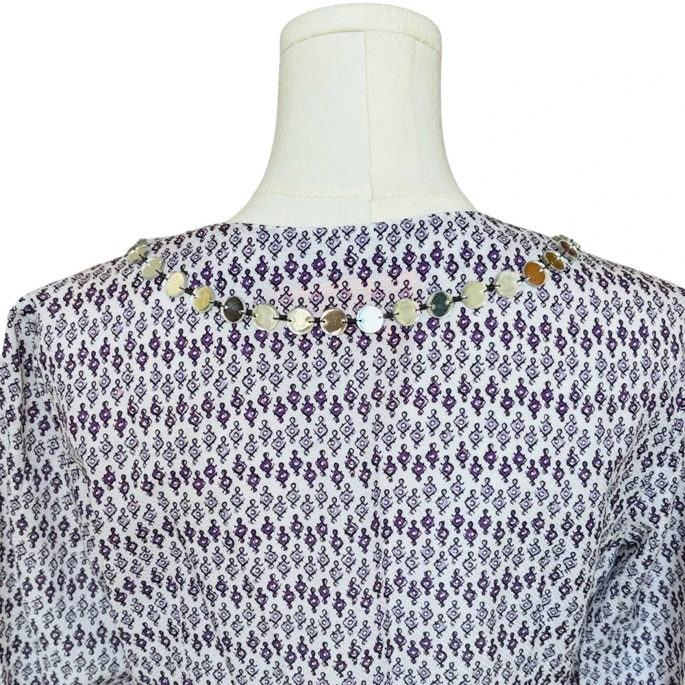 Tory Burch Sz 6 Printed Cotton And‎ Silk V Neck Tunic Top Purple Beaded Neckline